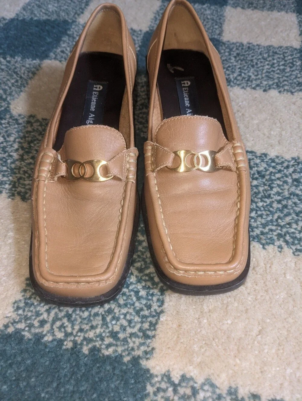 Vintage Etienne Aigner All Leather Tan Camel Square Toe Low Heel Loafers Sz 5.5